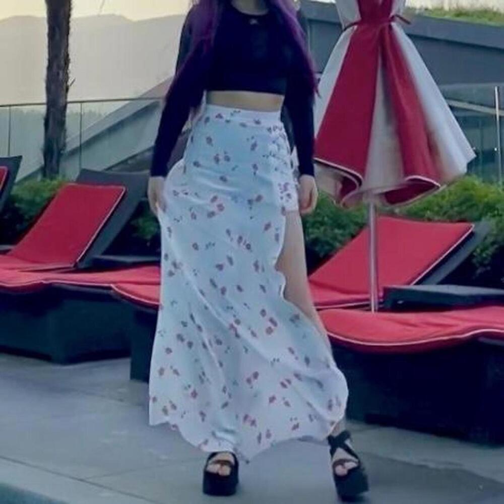 Flynn Skye floral print long maxi Skirt, white pink red blossom floral skirts XS